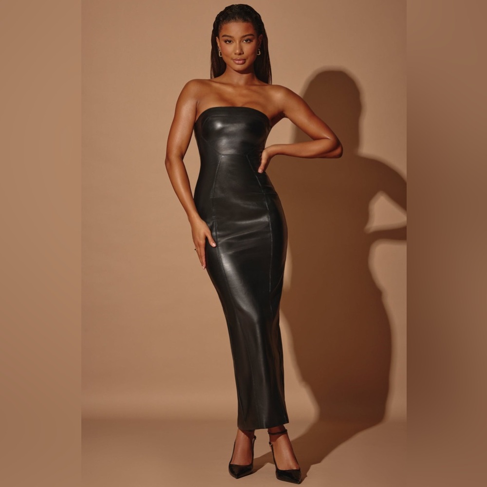 NWT LNA black faux leather strapless bodycon midi dress size small